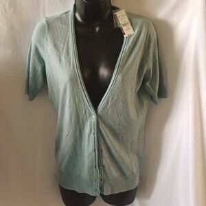 Sweater, short sleeve,  button front, v-neck, blue-green, NWT